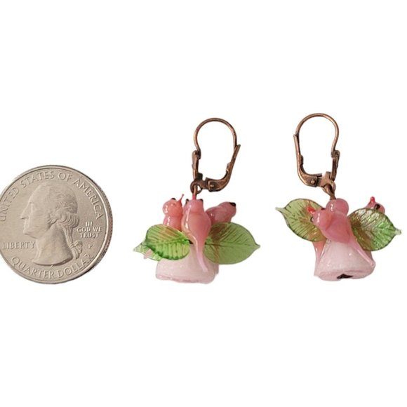 Czech Pink Glass Bird, Leaves Leverback Earrings E78 - Picture 6 of 7